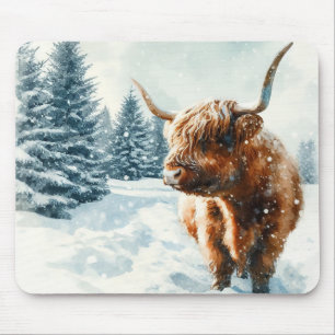 Watercolor Highland Cow Winter Scene Mouse Pad