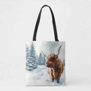 Watercolor Highland Cow Winter Scene Tote Bag
