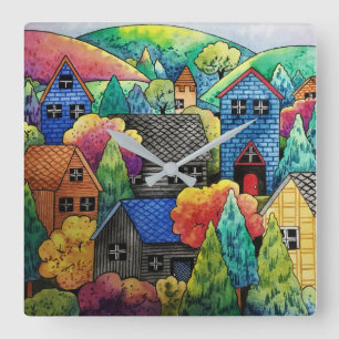 Watercolor Hillside Village With Colorful Houses Square Wall Clock