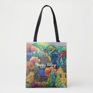Watercolor Hillside Village With Colorful Houses Tote Bag