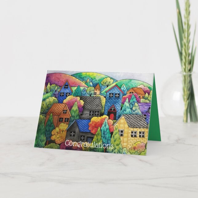 Watercolor Hillside Village With Colourful Houses Card (Front)