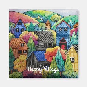Watercolor Hillside Village With Colourful Houses Magnet