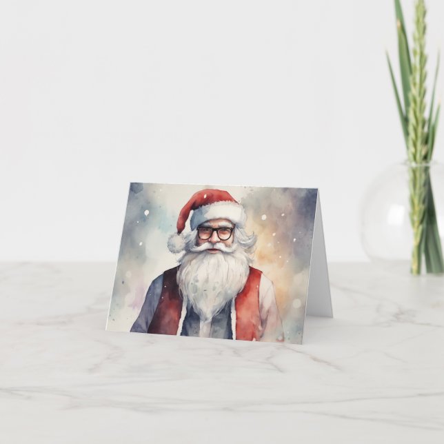 Watercolor Hipster/Millenial Santa  Holiday Card (Front)