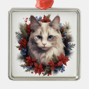 WATERCOLOR HOLIDAY CHRISTMAS SNOWSHOE CAT METAL ORNAMENT