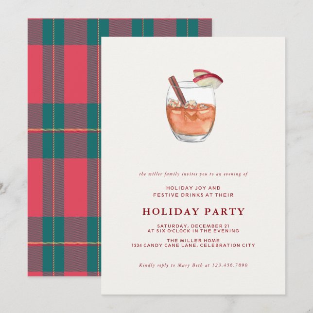 Watercolor Holiday Cocktail Christmas Party Invite (Front/Back)