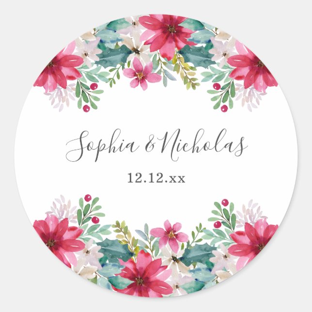 Watercolor Holiday Flowers | Wedding Classic Round Sticker (Front)