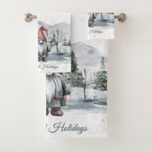 Watercolor Holiday Gnome Bath Towel Set