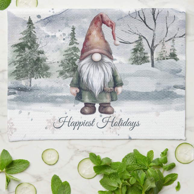 Watercolor Holiday Gnome Kitchen Towel (Folded)