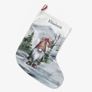 Watercolor Holiday Gnome Personalized Large Christmas Stocking