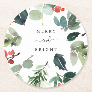Watercolor Holiday Greenery Add Your Custom Text  Round Paper Coaster