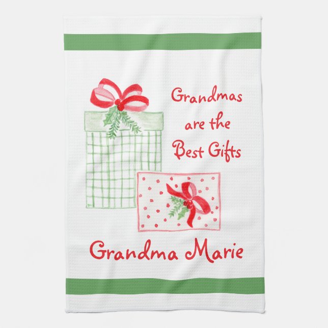 Watercolor Holiday PERSONALIZE Grandma Kitchen Towel (Vertical)