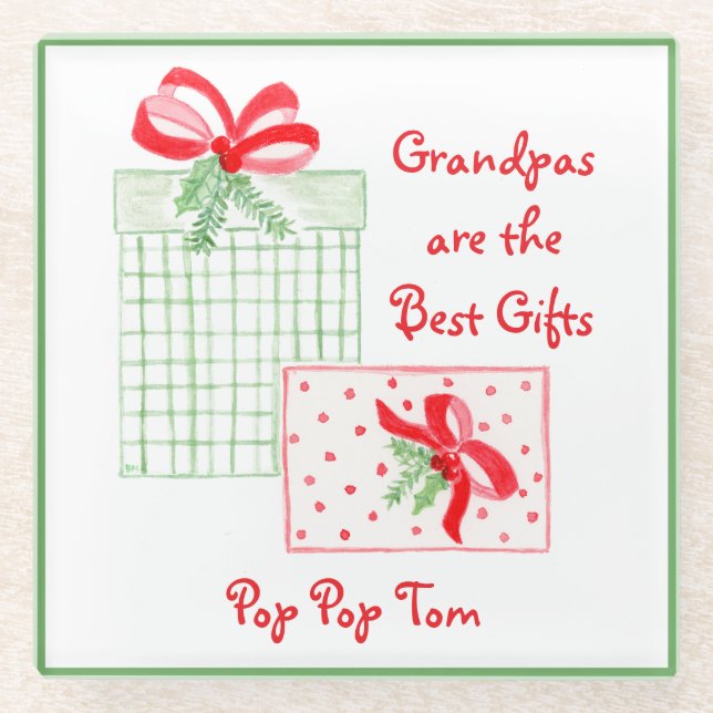 Watercolor Holiday PERSONALIZE Grandpa Glass Coaster (Front)