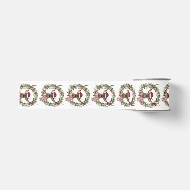 Watercolor holiday wreath with deer head grosgrain ribbon (Front)