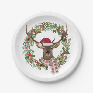 Watercolor holiday wreath with deer head paper plate