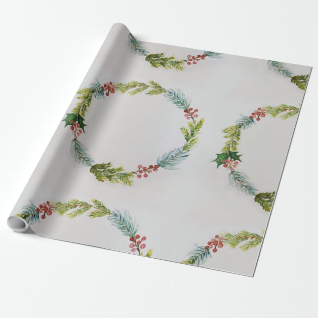 Watercolor holiday wreath  wrapping paper (Unrolled)
