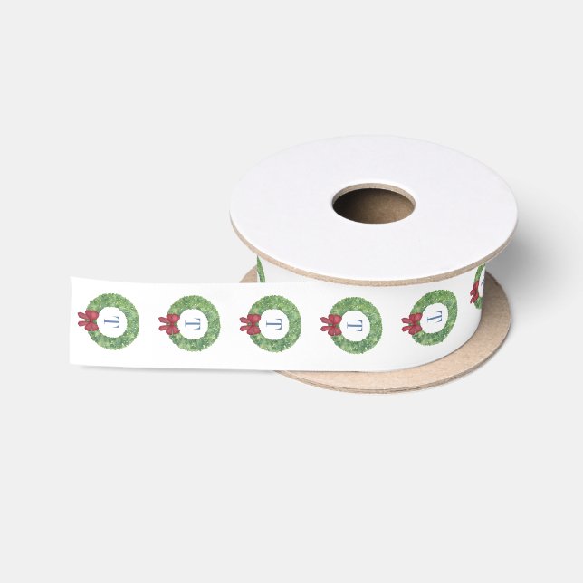 Watercolor Holidays Wreath Red Ribbon Monogram Satin Ribbon (Spool)