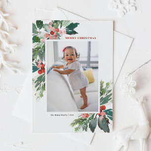 Watercolor Hollies Faux Gold Foil Christmas Photo Holiday Postcard