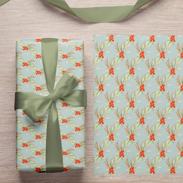 Watercolor Holly and Berries Blue MInt Christmas Wrapping Paper (Creator Uploaded)