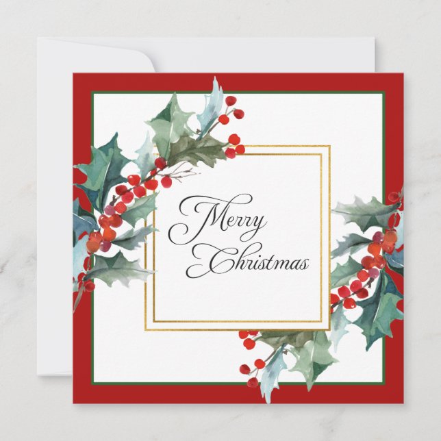 Watercolor Holly and Berries Botanical Christmas Holiday Card (Front)