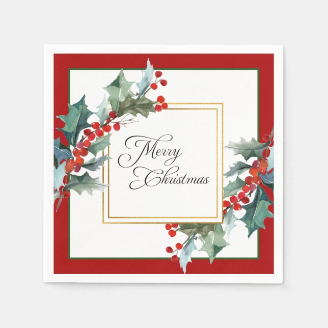 Watercolor Holly and Berries Botanical Christmas Napkin (Front)