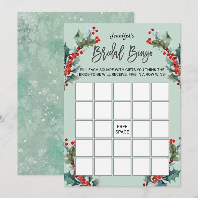 Watercolor Holly and Berries Bridal Bingo Invitation (Front/Back)