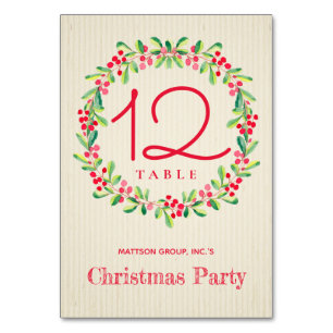 Watercolor Holly and Berries Christmas Holiday Table Number