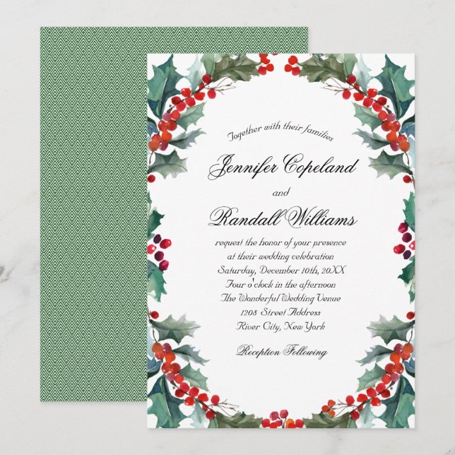 Watercolor Holly and Berries Holiday Wedding Invitation (Front/Back)
