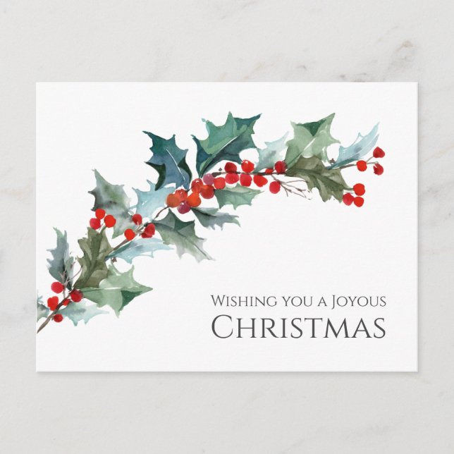 Watercolor Holly and Berries Joyous Christmas Postcard (Front)