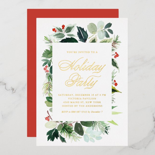 Watercolor Holly and Greenery Holiday Party (Front/Back)