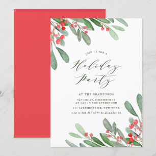 Watercolor Holly and Greenery Holiday Party Invitation