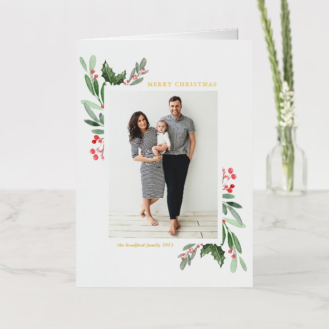 Watercolor Holly and Greenery Merry Christmas Foil Holiday Card (Flower)