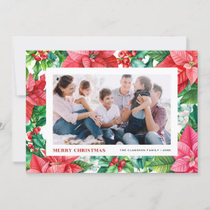 Watercolor Holly and Poinsettia Photo Christmas Holiday Card