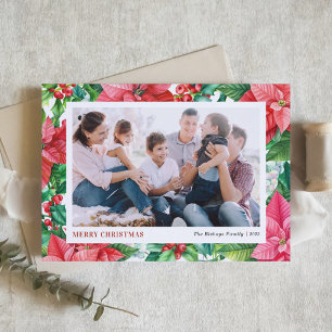 Watercolor Holly and Poinsettia Photo Christmas Holiday Card