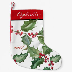 Watercolor Holly and Red Berries Small Christmas Stocking