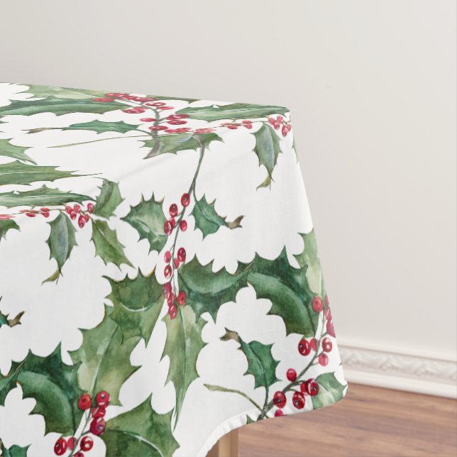 Watercolor Holly and Red Berries Tablecloth (In Situ)