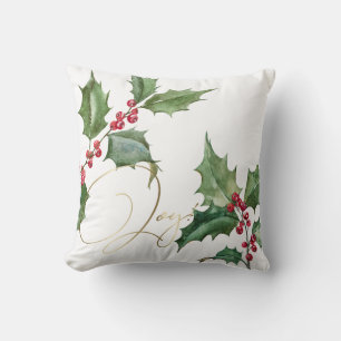 Watercolor Holly and Red Berries Throw Pillow