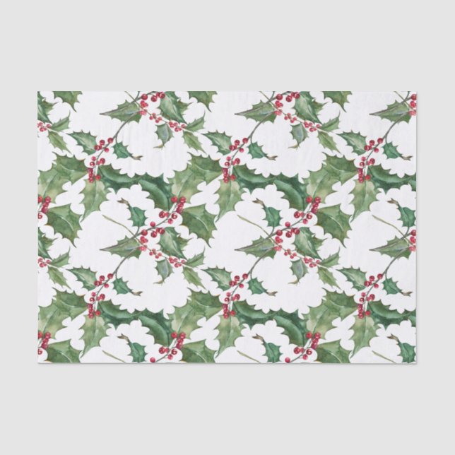Watercolor Holly and Red Berries Tissue Paper (Front)