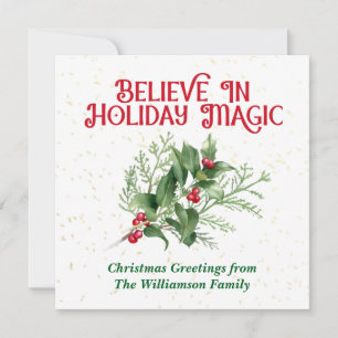 Watercolor Holly Believe Holiday Magic Christmas Card