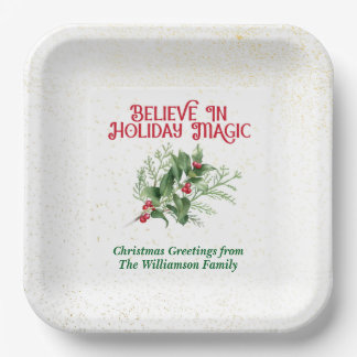 Watercolor Holly Believe Holiday Magic Christmas Paper Plate