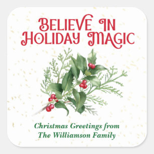 Watercolor Holly Believe Holiday Magic Christmas Square Sticker