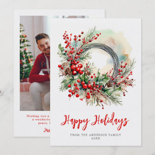 Watercolor Holly Berries Christmas Family Photo Holiday Card