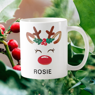 Watercolor Holly Berries Christmas Reindeer Coffee Mug