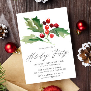 Watercolor Holly Berries Holiday Party Invitation