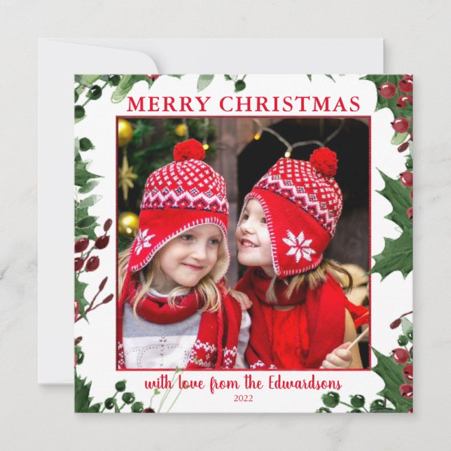 Watercolor Holly berries Merry Christmas photo (Front)