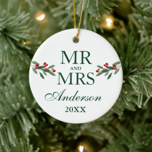Watercolor Holly Berries Mr. Mrs. PHOTO BACK Ceramic Ornament