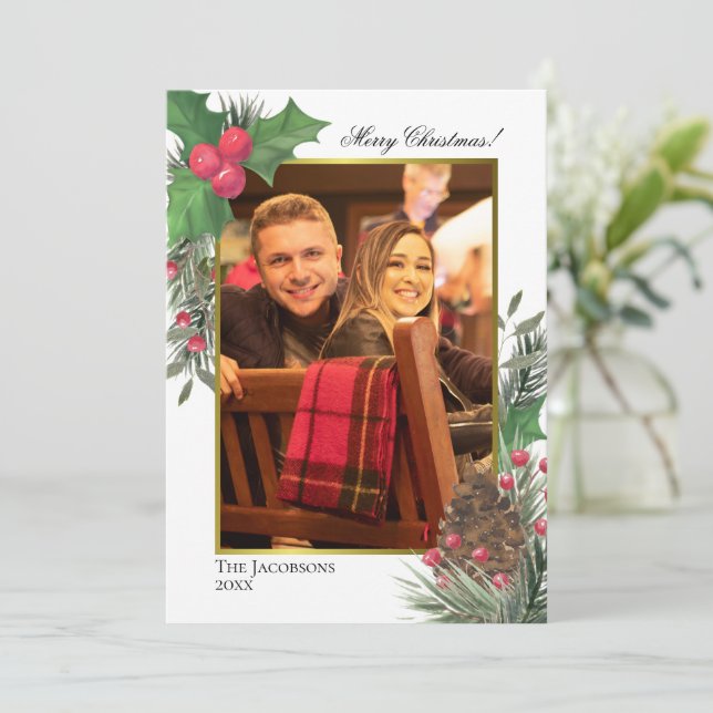 Watercolor Holly Berries Pine & Greenery Photo Holiday Card (Standing Front)