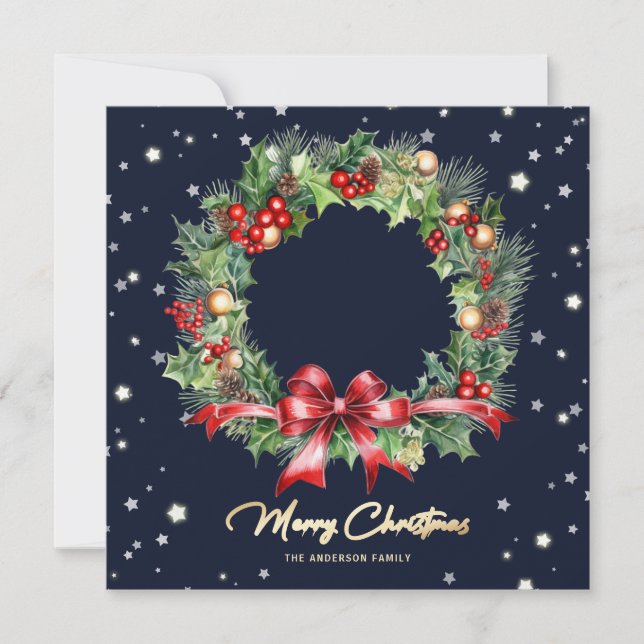 Watercolor Holly Berries Pine Wreath Blue Photo Holiday Card (Front)