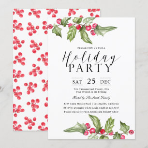 Watercolor Holly berry Branches Holiday Party Invitation