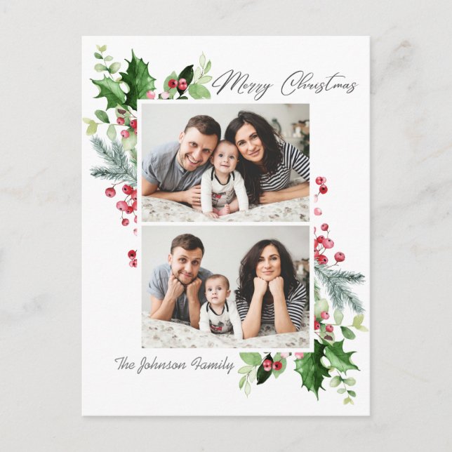 Watercolor Holly Berry Christmas 2 PHOTO Greeting Postcard (Front)