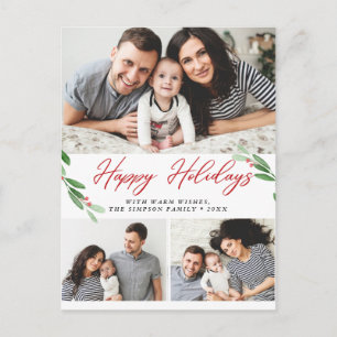 Watercolor Holly Berry Christmas 3 PHOTO Greeting Postcard